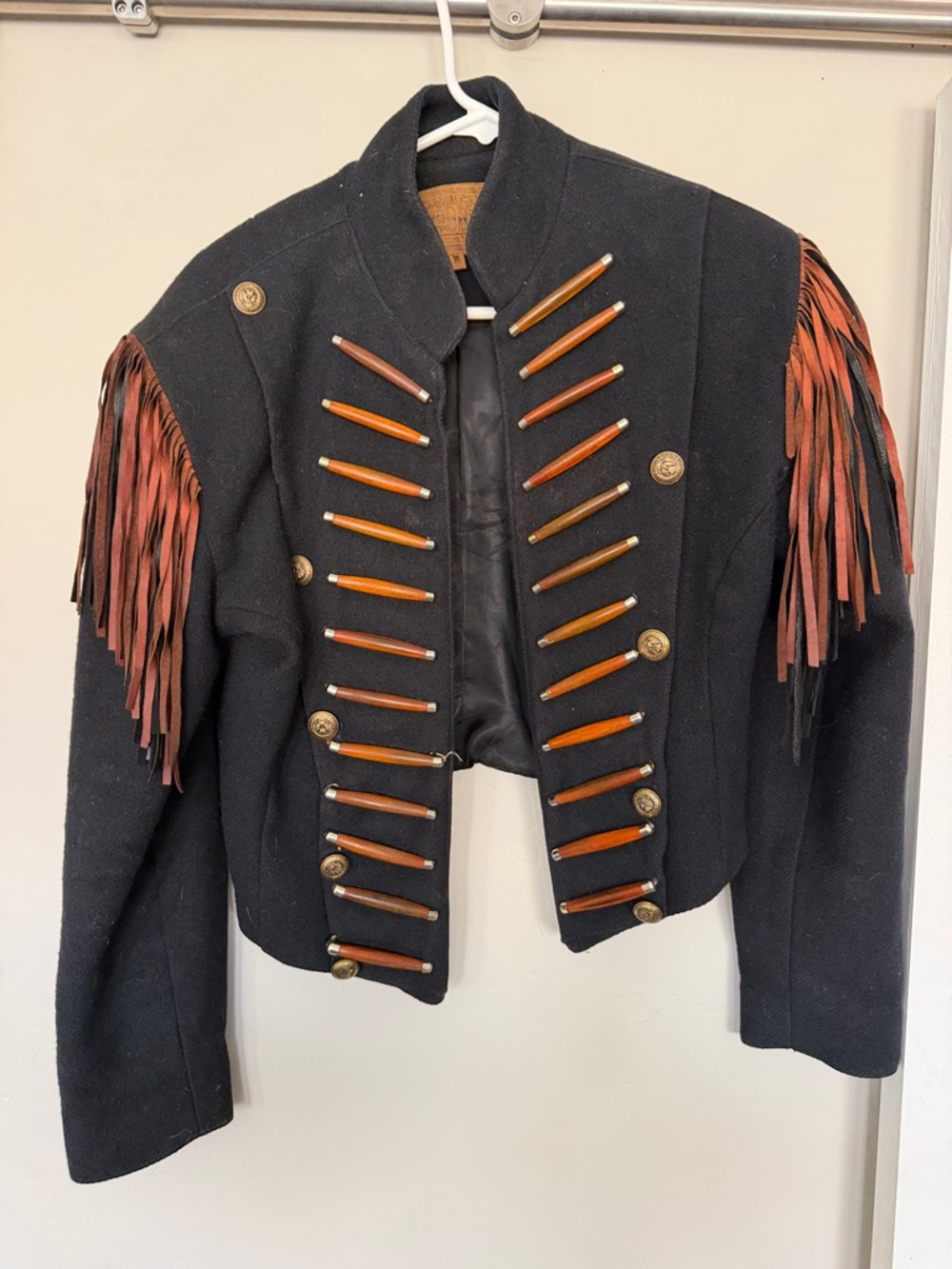 Double D Ranch Black Jacket with Brown Fringe and Wood-Tone Accents